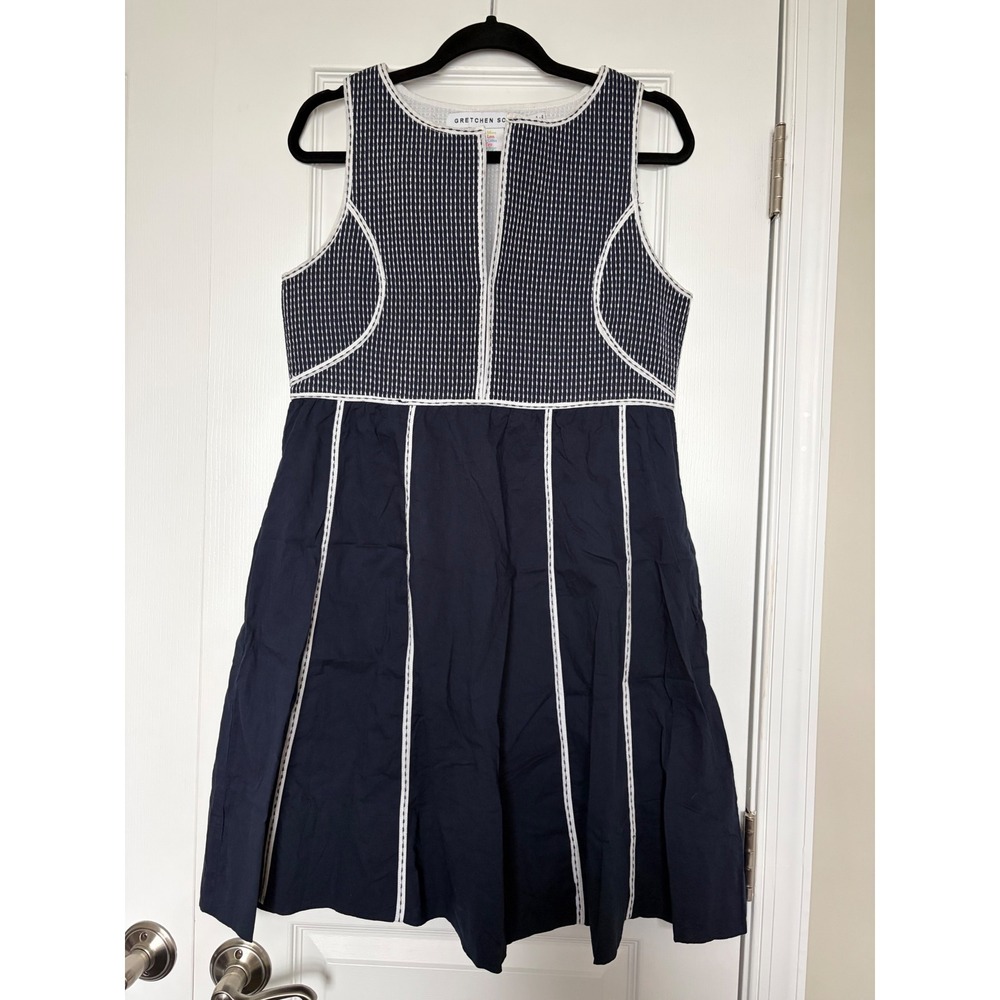 Gretchen Scott Navy White Stitched Sleeveless Fit Flare Dress Womens Small